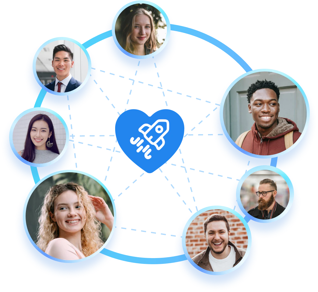 A circle of people connected by a heart
