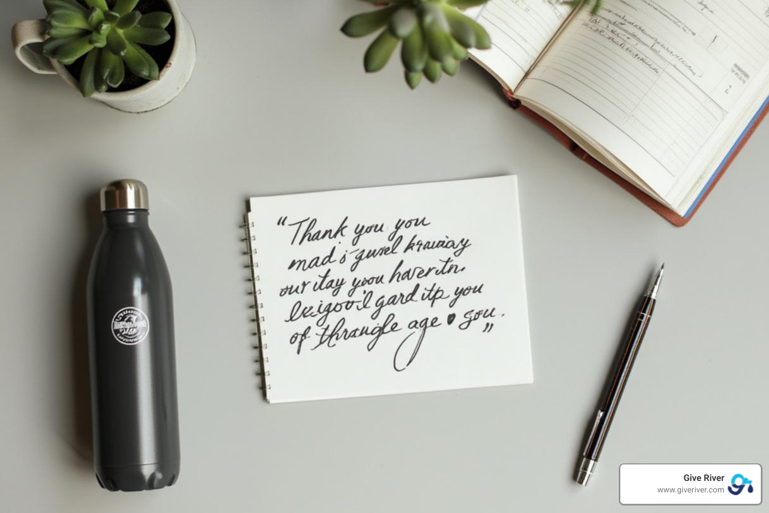 A flat-lay featuring a handwritten note, a small desk plant, a journal, and a branded water bottle - employee engagement gifts